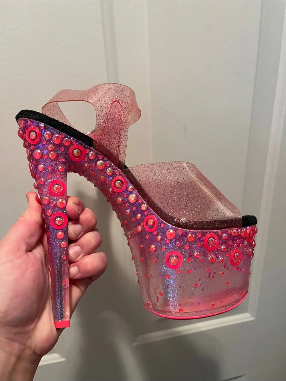 Sexy Pleaser Pink Glitter Platform Heels with Ankle Strap👠👠